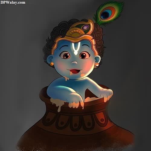 a little krishna sitting on a pot with a peacock feather on top