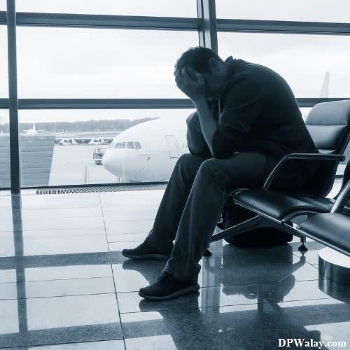 a man sitting in an airport waiting for his flight mood off pic
