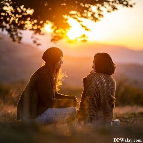 two women sitting in the grass at sunset images by DPwalay