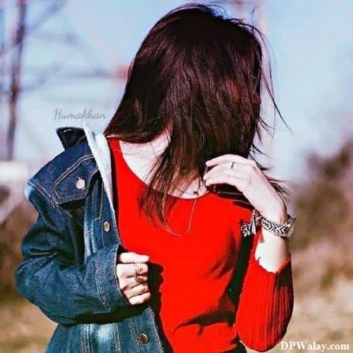 a woman in a red sweater and jeans jacket new dp for girls 