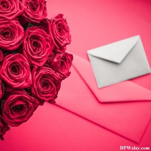 a bouquet of roses and an envelope on a red background