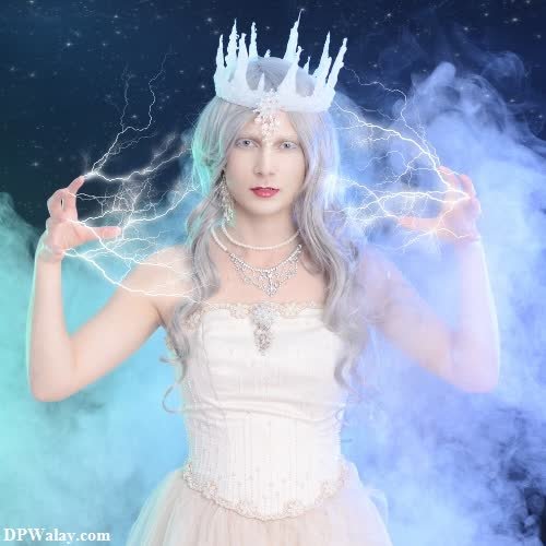a woman in a white dress and crown with lightning queen dpz 