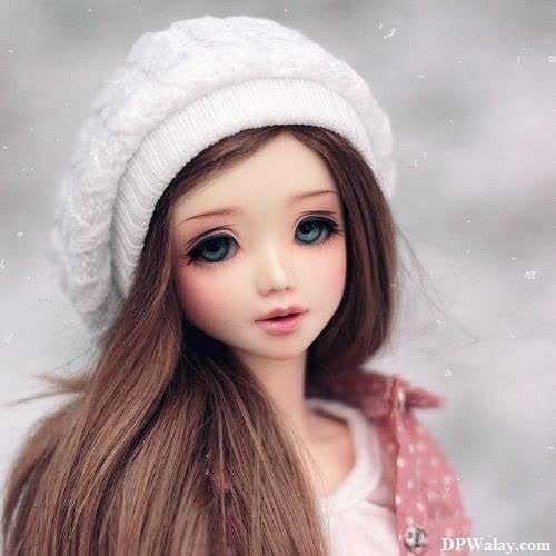 a doll with long brown hair wearing a white hat unique dp images