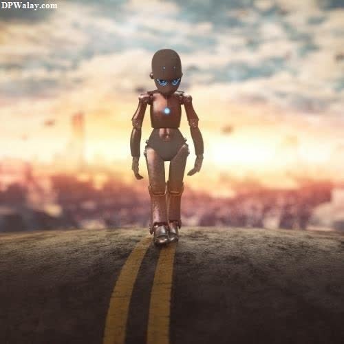 a robot walking on a road with a sunset in the background