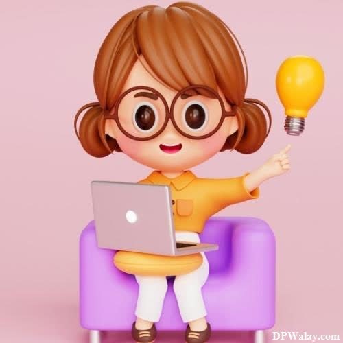 a little girl sitting on a purple couch with a laptop and a light bulb