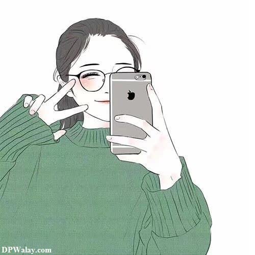 a woman in a green sweater taking a picture of herself