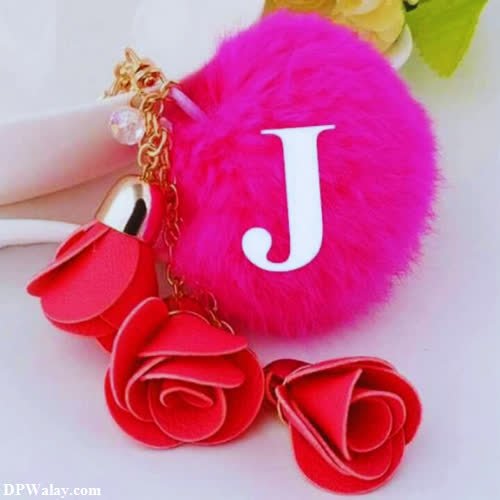 J Name DP - a pink pom with a heart charm and rose