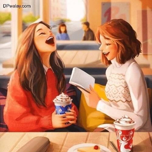 two girls sitting at a table with a book and a cup 4 friends group dp