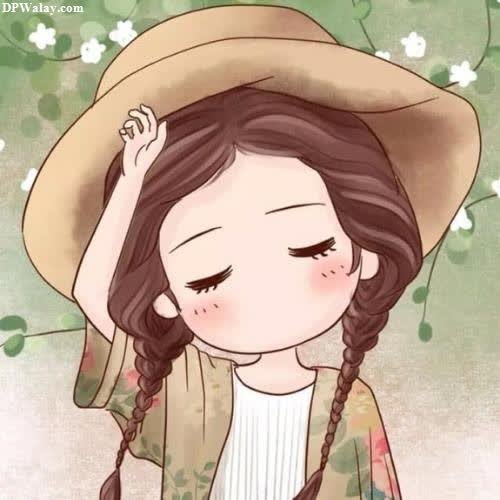 DP For Girls Cartoon - a girl with long hair wearing a hat and a white dress