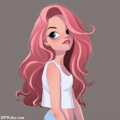 a girl with long pink hair and a white shirt 