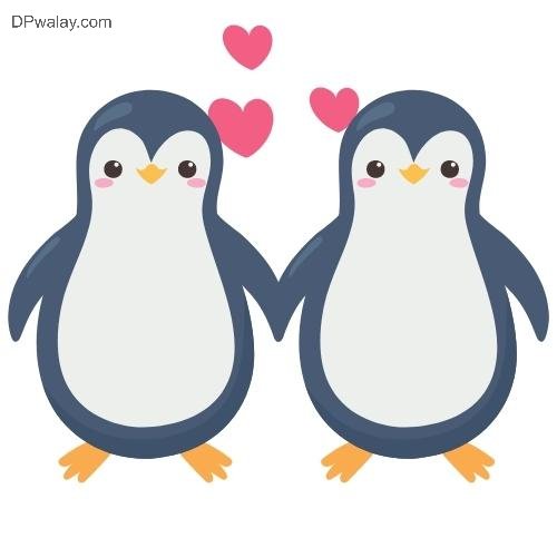 two penguins with hearts on their heads