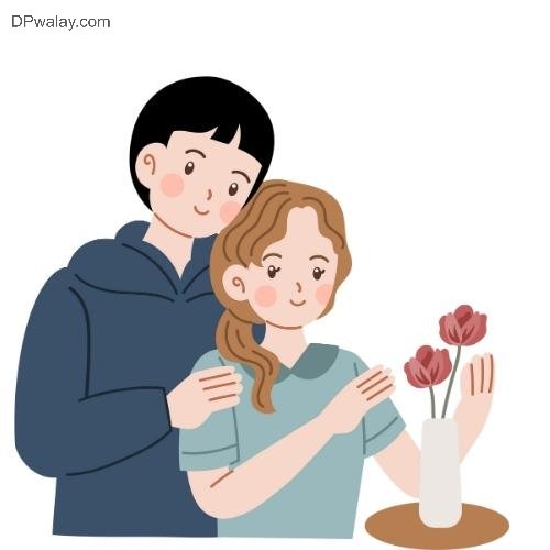 a man and woman hugging and holding flowers cute couple cartoon dp 