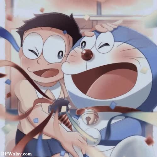 a cartoon character hugging a cat-ddAg cute doraemon dp 