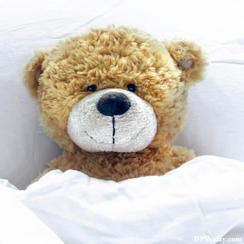 a teddy bear is sitting in a bed