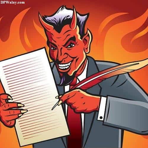 a devil holding a pen and writing on a paper