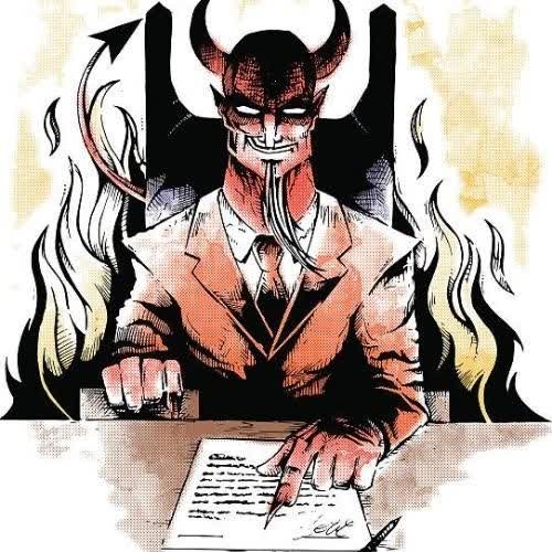 a drawing of a devil sitting at a desk