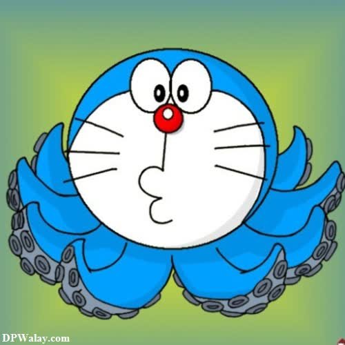 a cartoon character with a blue flower in his mouth