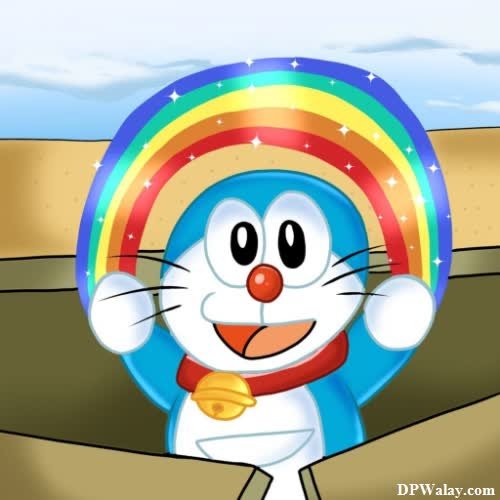 a cartoon cat with a rainbow in his hand