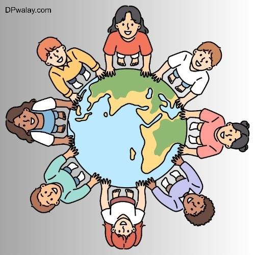 a group of people standing around the world-dKM1