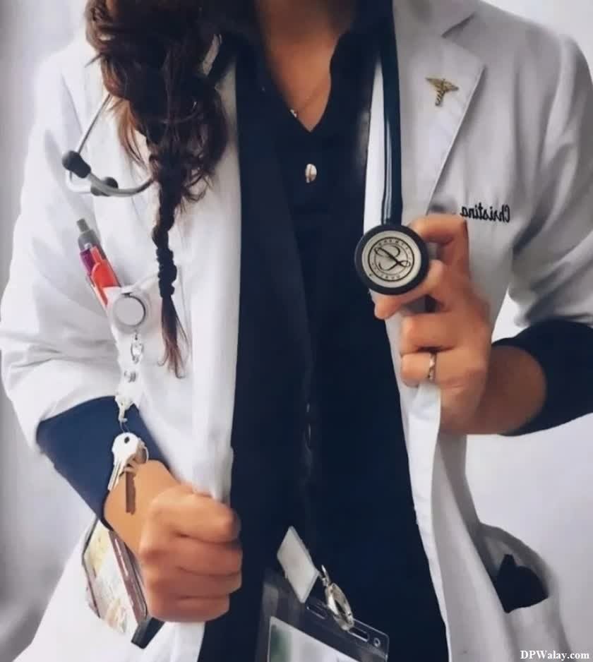a woman in a white coat holding a stel-1pX4 