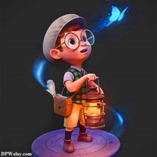 a cartoon character with a lantern and a hat