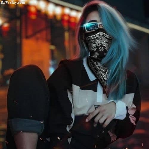 a woman with blue hair and a mask girl hijab dp
