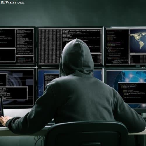 a man in a hoodie sitting at a desk with multiple computer screens images by DPwalay