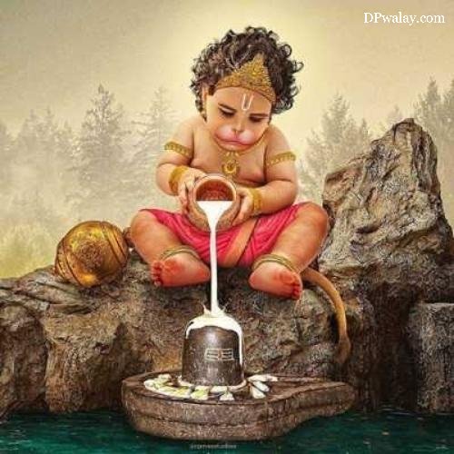 a baby sitting on top of a rock next to a water fountain hanuman dp hd