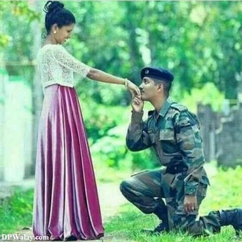 a soldier giving a woman a flower