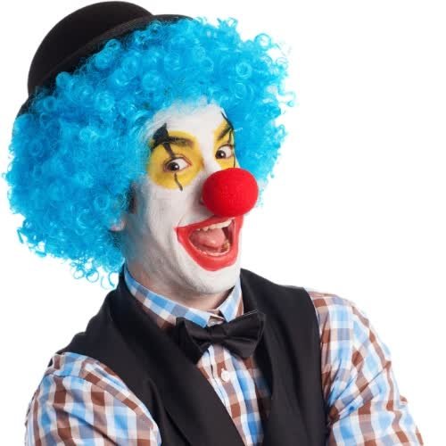 a clown with blue hair and a hat