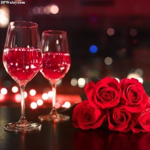 two glasses of wine and roses on a table 
