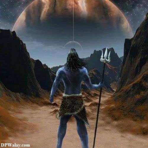 Mahakal DP - a man with a spear in his hand standing in front of a planet