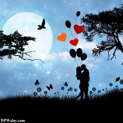 a couple kissing under the moonlight with balloons