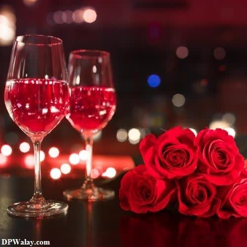 two glasses of wine and roses on a table images by DPwalay