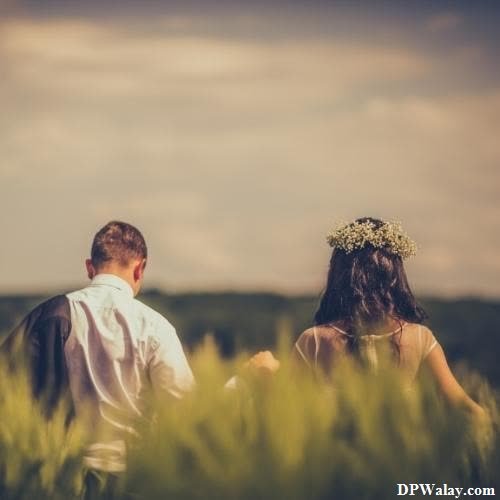 a couple walking through a field of tall grass