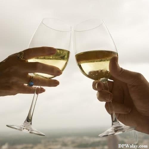 two people toasting wine glasses with the city in the background