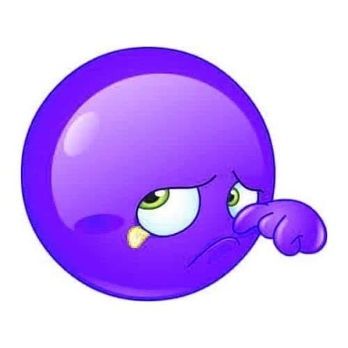 a purple ball with a sad face