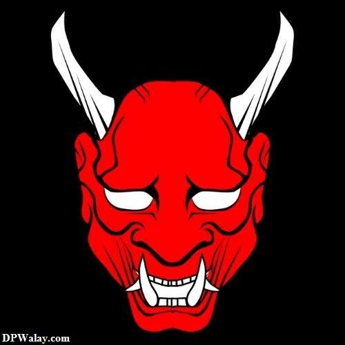 a red demon with white horns and fangs 