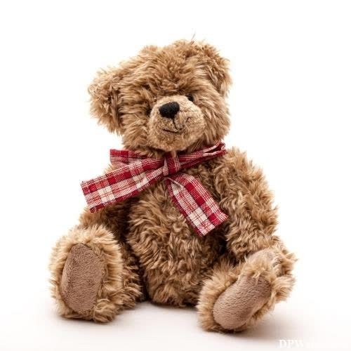 a teddy bear with a red bow sitting on a white background