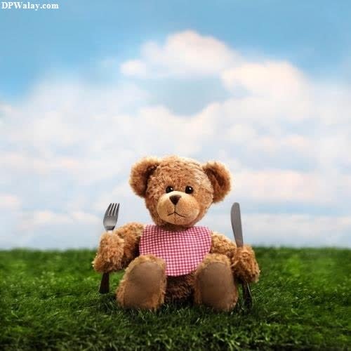 a teddy bear sitting in the grass with a fork and knife whatsapp dp cute teddy bear images