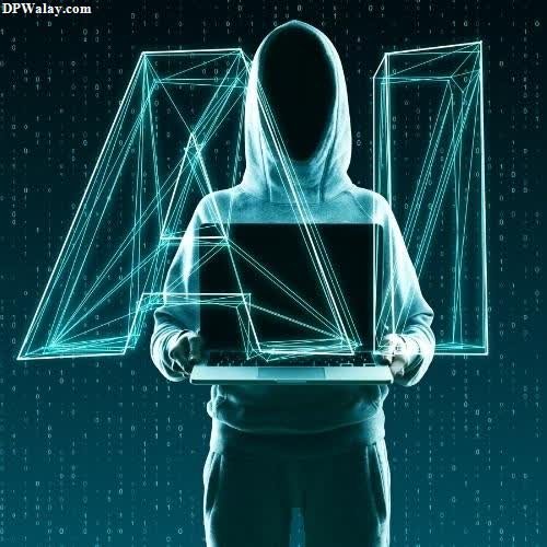 a man in a hoodie holding a laptop computer whatsapp dp hacker