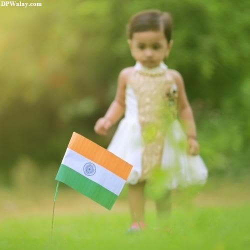a little girl holding a flag in the grass