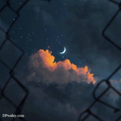 a crescent is seen in the sky behind a chain link fence