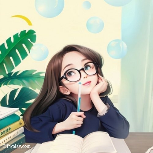 a girl sitting at a desk with a book and pencil