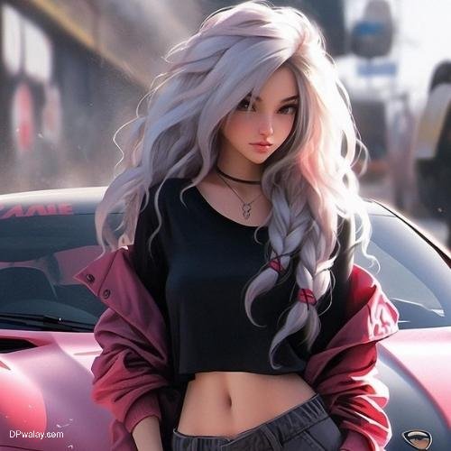 a woman with long hair standing next to a car cartoon dp for girls