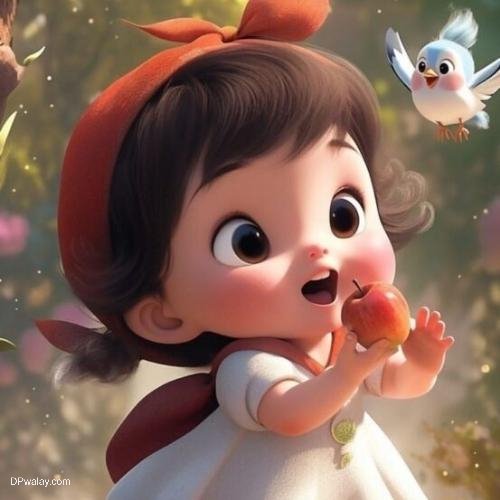 a little girl in a white dress and red hat is eating an apple