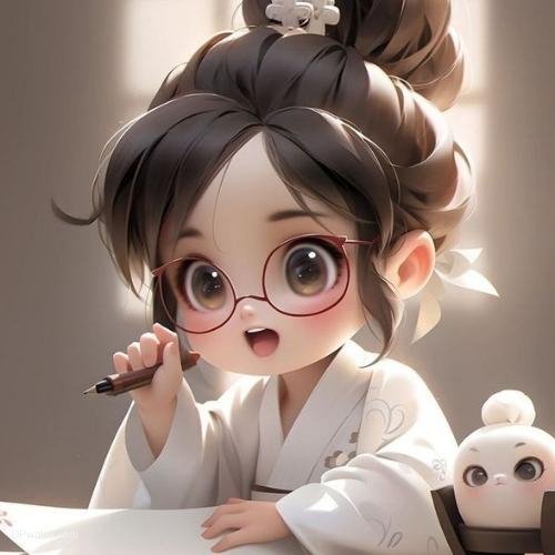 a girl with glasses and a pen sitting at a desk