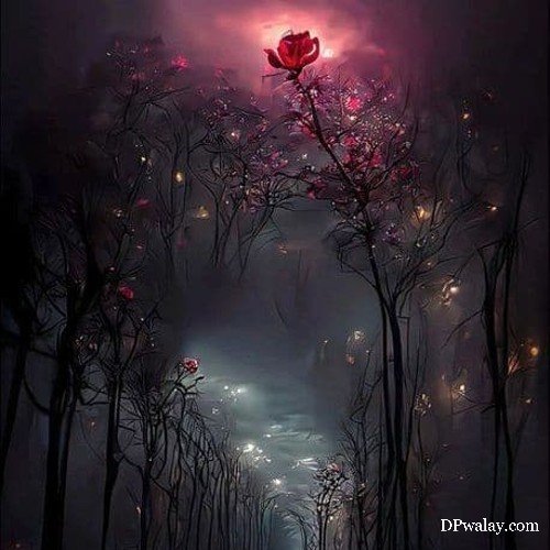 aesthetic dp - a red rose in the middle of a dark forest