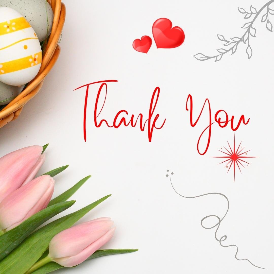 basket of eggs and tulips with the words thank you