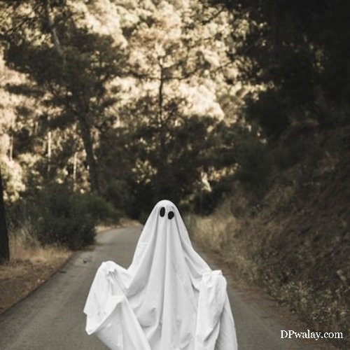 ghost is walking down the road in the woods